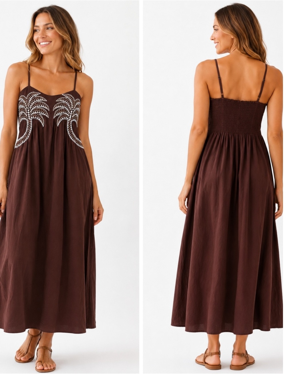 Embroidered Brown Spaghetti-Strap Maxi Dress